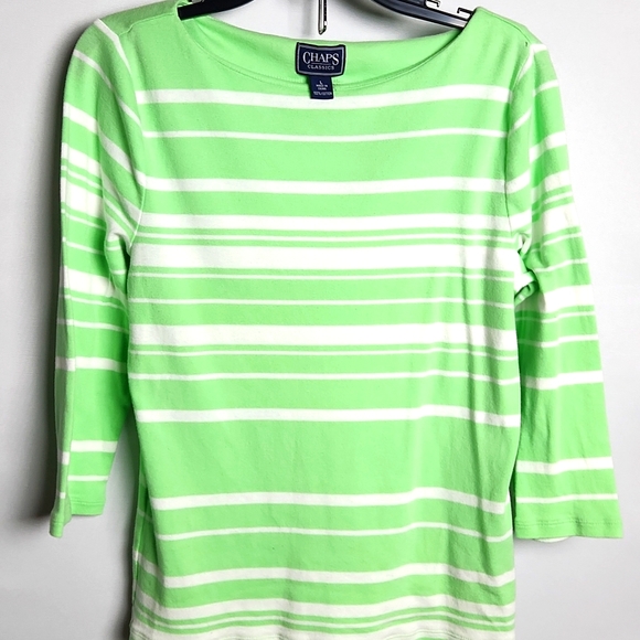 Chaps Green and White striped Top Boat neck 3/4 Sleeve Sz-L - Picture 3 of 4